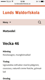 Matsedel på  Lunds Waldorfskolas nya hemsida